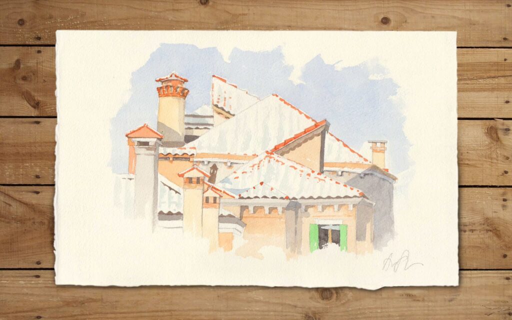 Snow-covered roofs in Venice