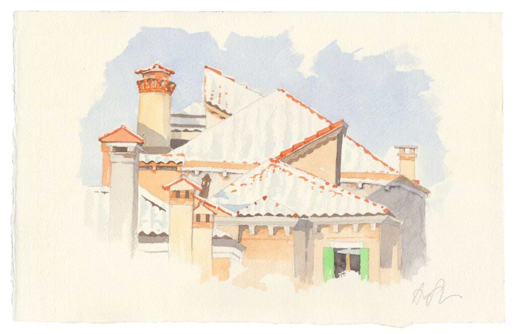 Snow-covered roofs in Venice